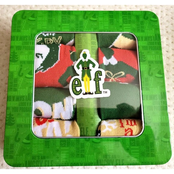 NIB Buddy the ELF Mens 8 PAIRS Christmas Crew Socks in Gift Box Tin Bioworld - Picture 2 of 3
